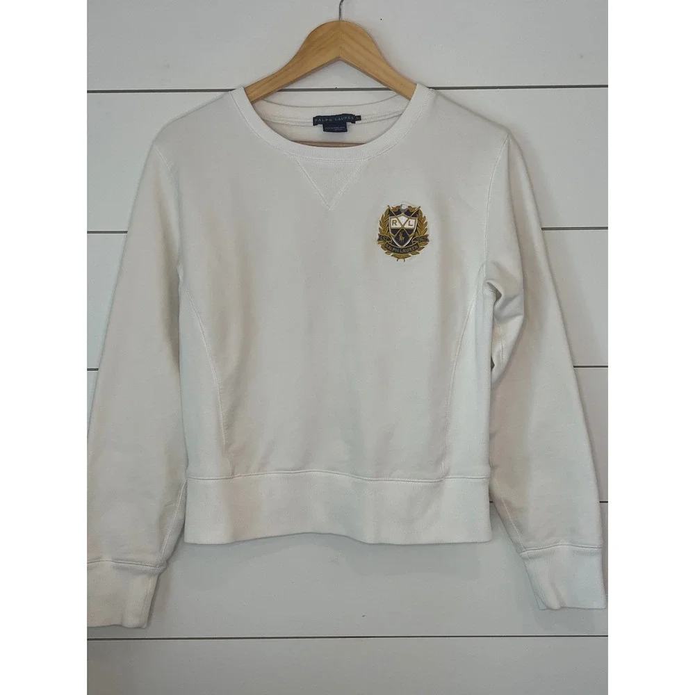 Ralph Lauren Kids White Crest Embroidered Sweatshirt Elbow Patches Large preppy